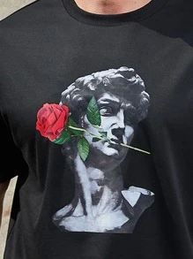 Manfinity Men Plus Floral Print Tee & Letter Graphic Shorts - Black - View 3