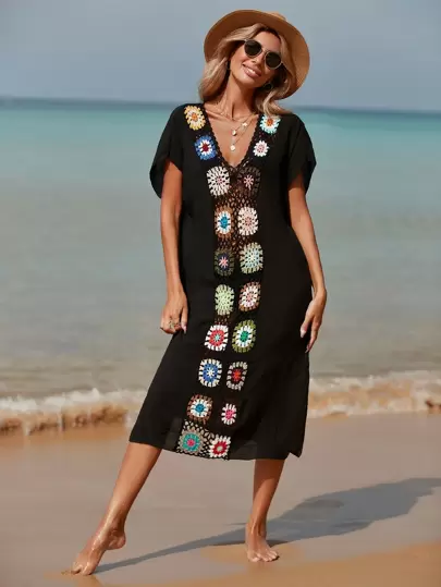 Swim Vcay Sommardräkter För Kvinnor Kvinnor Virkad Patchwork Cover-Up Klänning För Semester