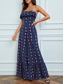 SHEIN Tall Geo Print Ruffle Trim Tube Wide Leg Jumpsuit