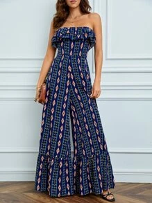 SHEIN Tall Geo Print Ruffle Trim Tube Wide Leg Jumpsuit