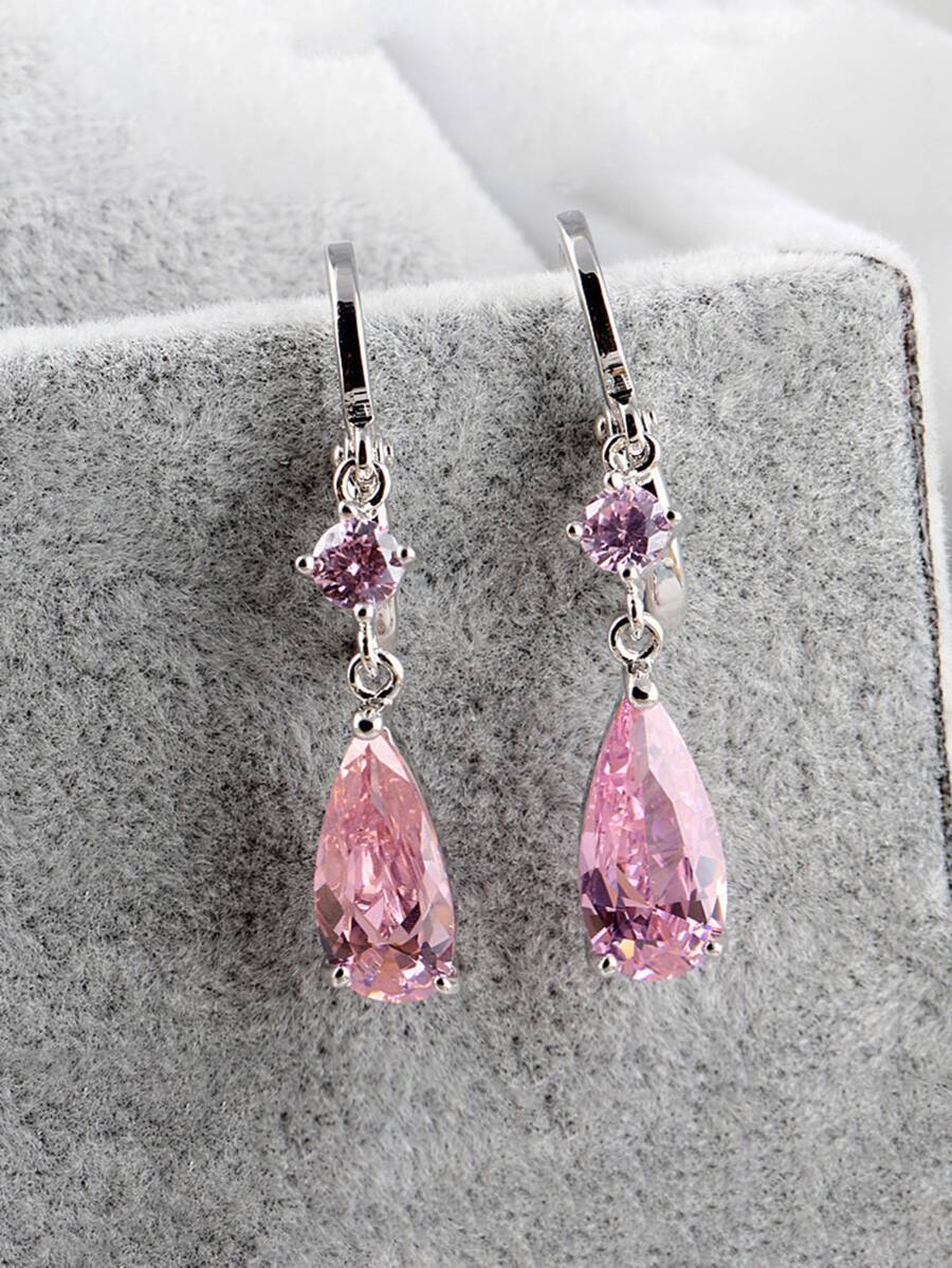 方晶鋯石水滴形耳墜 - 粉色 - 查看 1