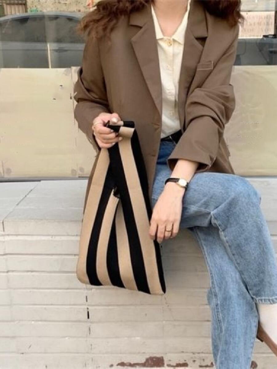 Striped Pattern Crochet Bag - Multicolor - View 1