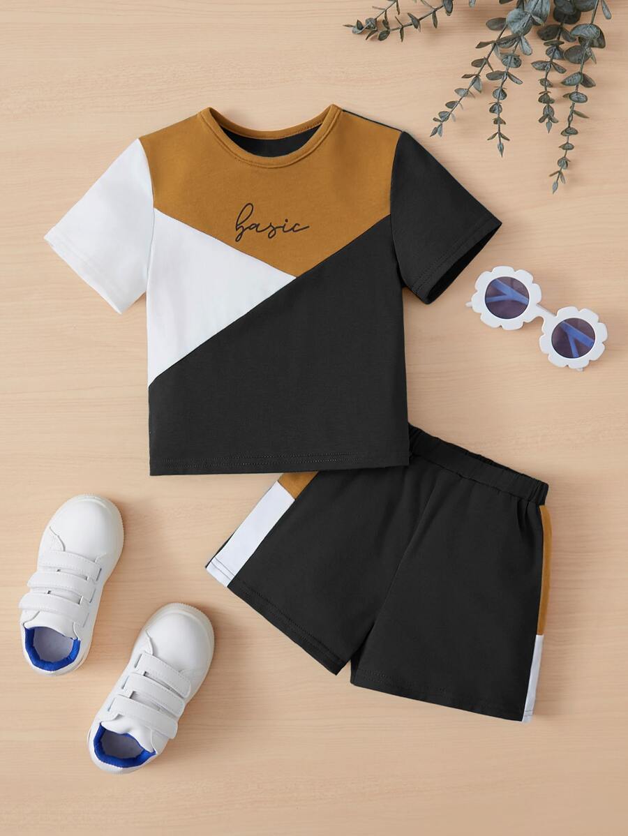 SHEIN Baby Boy Letter Graphic Colourblock Tee & Shorts - Multicolor - View 1