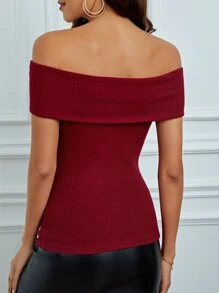 SHEIN Tall Off Shoulder Cut Out Front Tee - Burgundy - View 2