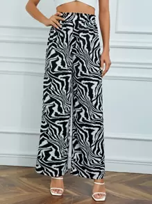 SHEIN Tall Zebra Striped Wide Leg Trousers - Black and White - View 3
