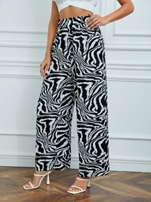 SHEIN Tall Zebra Striped Wide Leg Trousers - Black and White - View 4