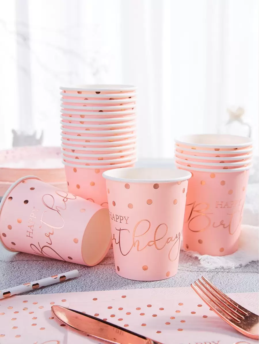 10/25个一次性纸杯 - 粉色底生日金箔印花，圣诞节 - 彩色 - 查看 1