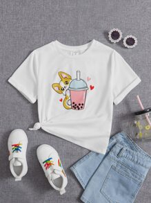 SHEIN Tween Girl Dệt Kim Cổ Tròn Thường Ngày In Hình Hoạt Hình - trắng - Xem 1