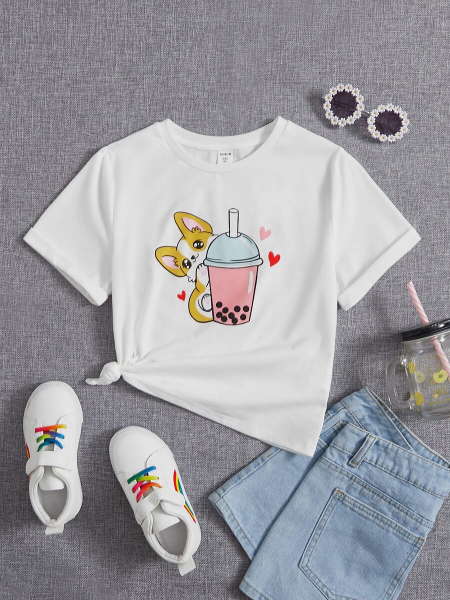 SHEIN Tween Girl Dệt Kim Cổ Tròn Thường Ngày In Hình Hoạt Hình - trắng - Xem 1