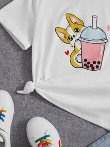 SHEIN Tween Girl Dệt Kim Cổ Tròn Thường Ngày In Hình Hoạt Hình - trắng - Xem 3