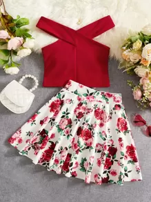 SHEIN Bộ váy trễ vai và in hoa màu trơn dành cho nữ Tween - Nhiều màu - Xem 1