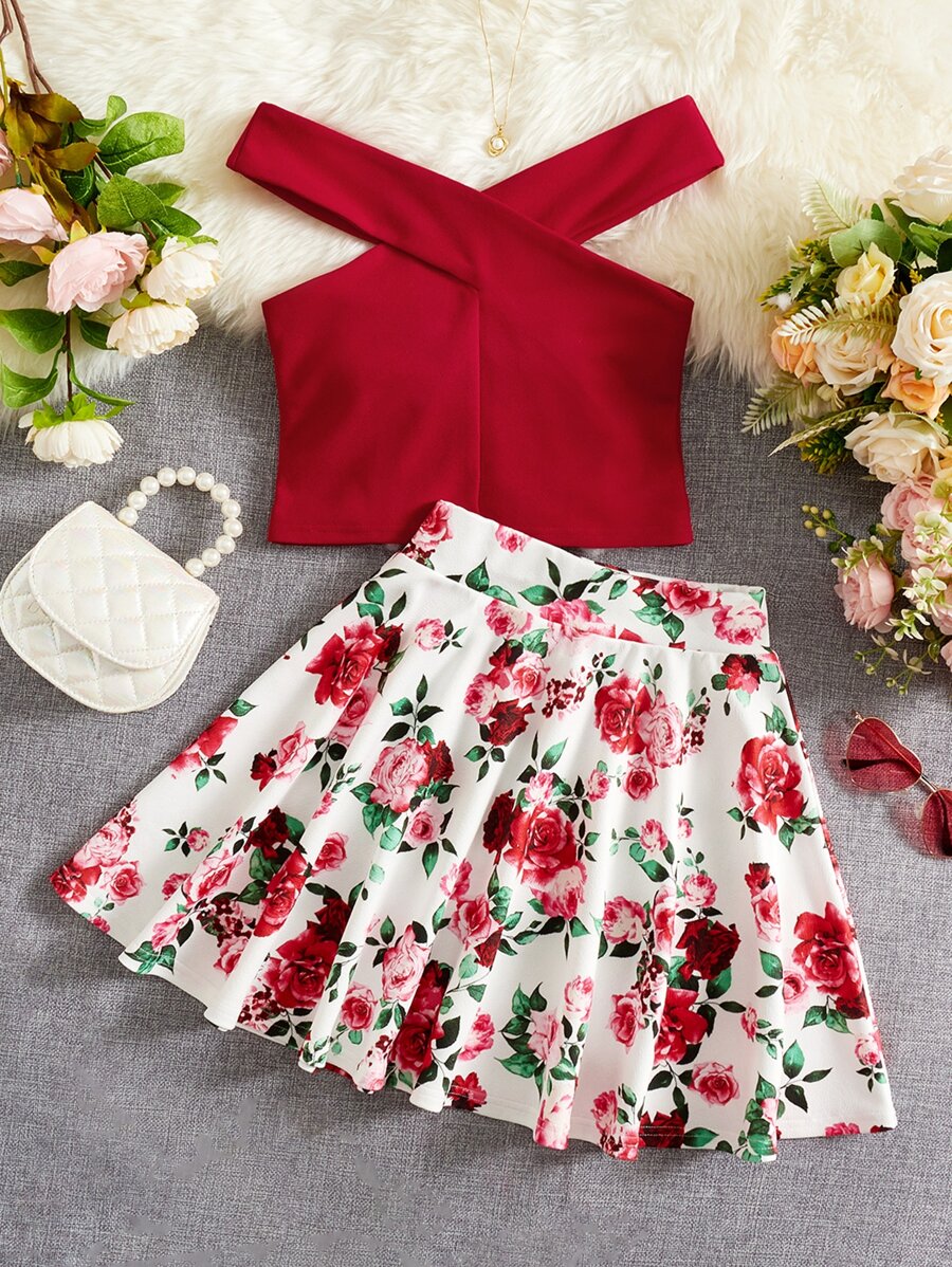 SHEIN Bộ váy trễ vai và in hoa màu trơn dành cho nữ Tween - Nhiều màu - Xem 1