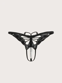 Butterfly Print Pearls Detail Crotchless Thong - Black - View 1
