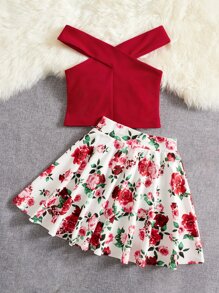 SHEIN Bộ váy trễ vai và in hoa màu trơn dành cho nữ Tween - Nhiều màu - Xem 2
