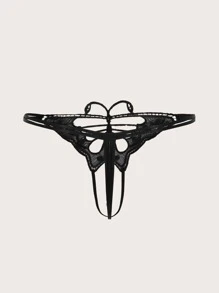 Butterfly Print Pearls Detail Crotchless Thong - Black - View 2