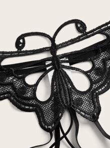 Butterfly Print Pearls Detail Crotchless Thong - Black - View 3