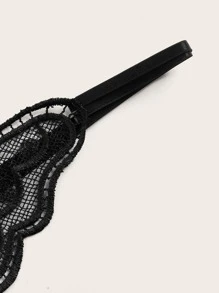 Butterfly Print Pearls Detail Crotchless Thong - Black - View 4