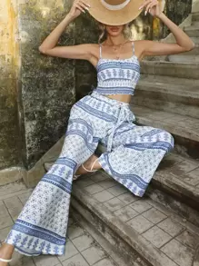 SHEIN VCAY Geo & Floral Print Cami Top & Wide Leg Trousers - Blue and White - View 1