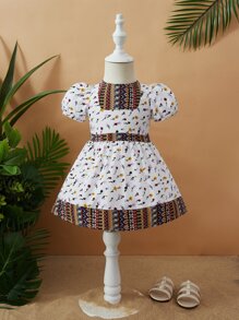 SHEIN Baby Girl Argyle & Floral Print Puff Sleeve Dress - Multicolor - View 1