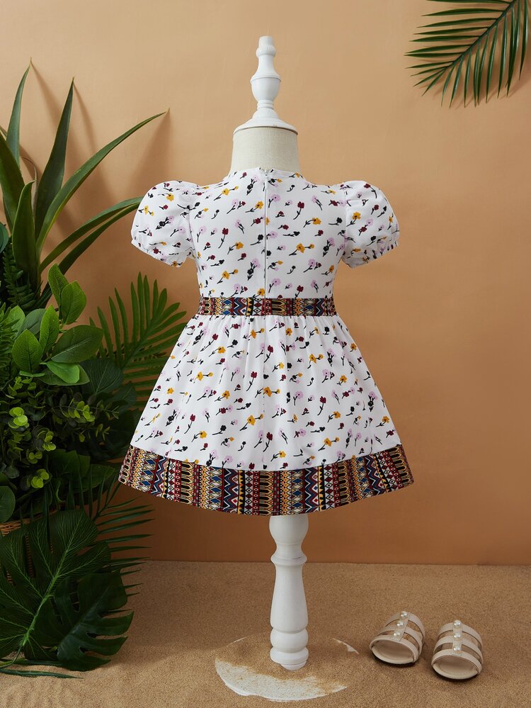 Baby Girl Argyle & Floral Print Puff Sleeve Dress