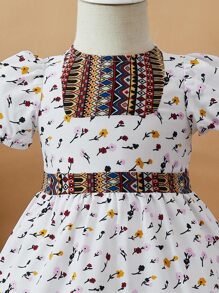 SHEIN Baby Girl Argyle & Floral Print Puff Sleeve Dress - Multicolor - View 3
