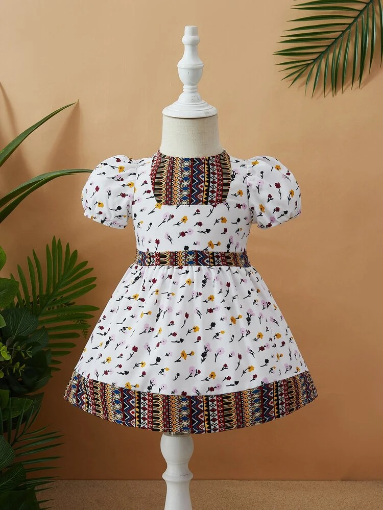 Baby Girl Argyle & Floral Print Puff Sleeve Dress