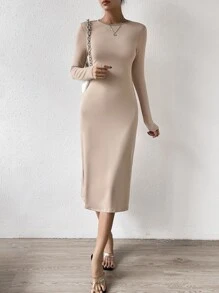 SHEIN Essnce Solid Long Sleeve Dress - Apricot - View 1