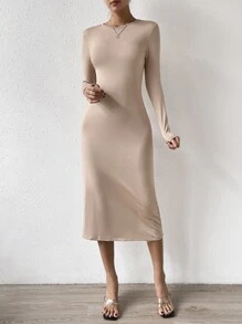 SHEIN Essnce Solid Long Sleeve Dress - Apricot - View 5