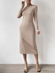 SHEIN Essnce Solid Long Sleeve Dress - Apricot - View 6