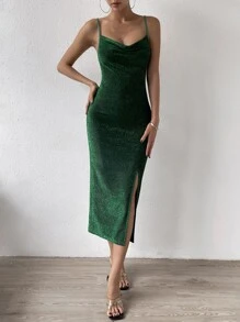 SHEIN Privé Split Thigh Tie Backless Cami Dress - Green - View 5