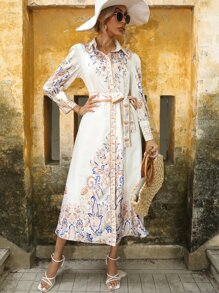 GENKIRA Paisley Print Belted Shirt Dress - Beige - View 4