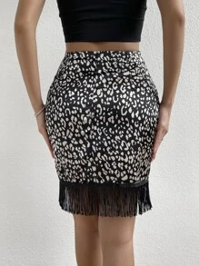 SHEIN Privé 豹紋印花流蘇邊不對稱下擺半身裙 - 黑色 - 查看 2