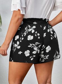 SHEIN VCAY Plus Floral Print Paperbag Waist Belted Shorts - Black - View 2