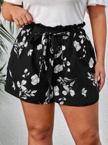 SHEIN VCAY Plus Floral Print Paperbag Waist Belted Shorts - Black - View 3