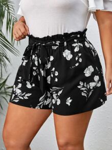 SHEIN VCAY Plus Floral Print Paperbag Waist Belted Shorts - Black - View 4