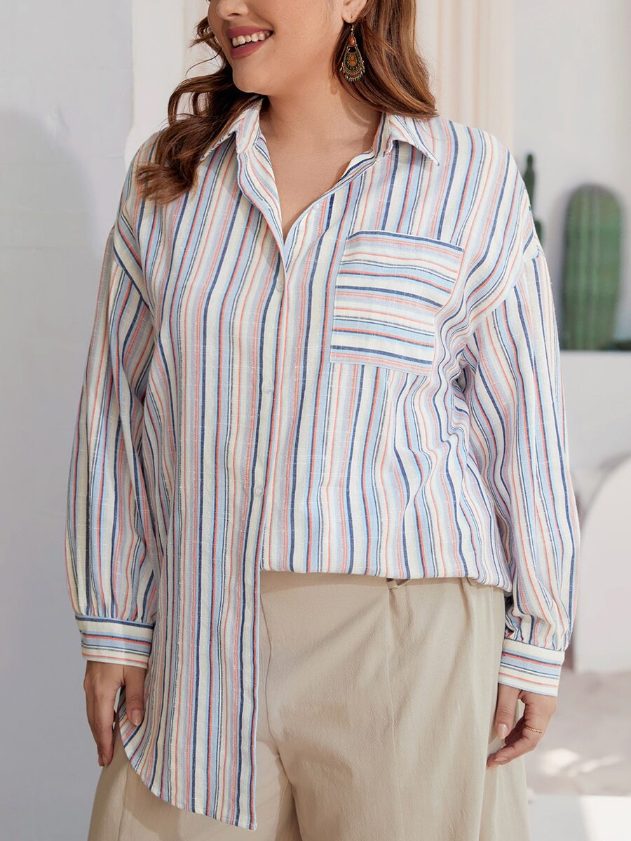 SHEIN LUNE Áo sơ mi Plus Size Túi Nút phía trước Sọc Giải trí - Nhiều màu - Xem 1