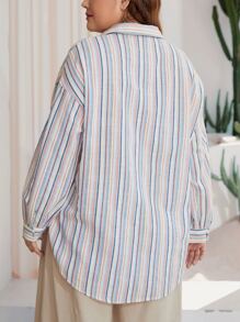 SHEIN LUNE Áo sơ mi Plus Size Túi Nút phía trước Sọc Giải trí - Nhiều màu - Xem 2