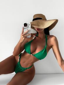 Floral Applique Triangle Thong Summer Beach Bikini Set - Green - View 5