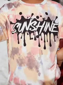 SHEIN Young Girl Tie Dye Letter Graphic Drop Shoulder Tee & Biker Shorts