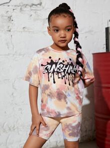 SHEIN Young Girl Tie Dye Letter Graphic Drop Shoulder Tee & Biker Shorts