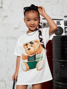 SHEIN Toddler Girls Bear Print Drop Shoulder Tee Dress