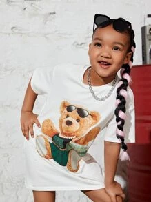 SHEIN Toddler Girls Bear Print Drop Shoulder Tee Dress