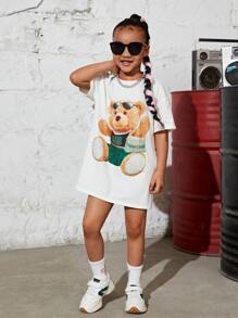 SHEIN Toddler Girls Bear Print Drop Shoulder Tee Dress