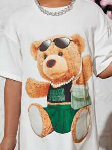 SHEIN Toddler Girls Bear Print Drop Shoulder Tee Dress