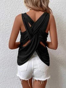 SHEIN LUNE Solid Criss Cross Back Tank Top - Black - View 5