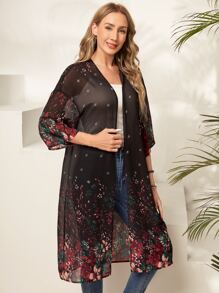 EMERY ROSE Floral Print Open Front Kimono For Summer Beach Vacation - Multicolor - View 4