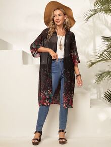 EMERY ROSE Floral Print Open Front Kimono For Summer Beach Vacation - Multicolor - View 5