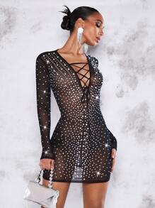 SHEIN BAE Vestido con diamante de imitación tachuela con cordón delantero de malla - Negro - Ver 3