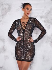 SHEIN BAE Vestido con diamante de imitación tachuela con cordón delantero de malla - Negro - Ver 4