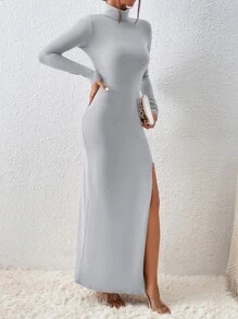 SHEIN Essnce High Neck Split Thigh Dress - Light Grey - View 3